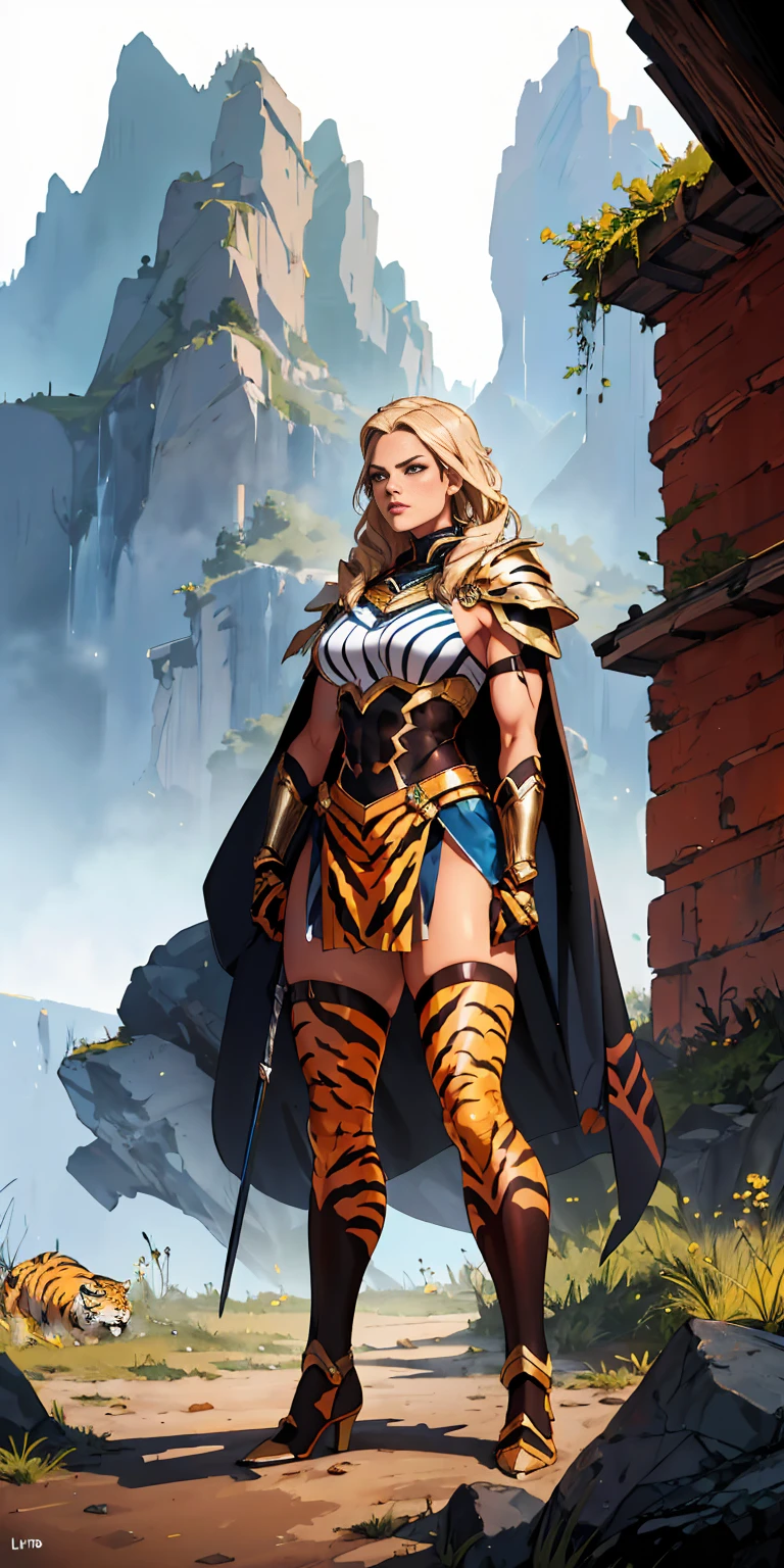 1 Girl (implying one person, likely female) Full Body: Standing with perfect symmetry Muscular Build: Strong and defined physique Turned Arms: Muscular arms positioned behind her back Theme: Epic Fantasy: Set in a fantastical world Asgard: Inspired by Norse mythology (can be subtle or more prominent) Valkyrie/Lady Knight: Combining elements of a fierce warrior and noble protector A motif incorporated into her armor, clothing, or environment (tiger stripes, or a tiger pelt cloak) Visual Style: Hyper Realistic: Incredibly lifelike detail Masterpiece: Exceptional quality 8K Resolution: Sharp and high definition Detailed Drawing: Intricate and richly textured Superior Quality: The best possible rendering Epic Composition: Dramatic and visually stunning