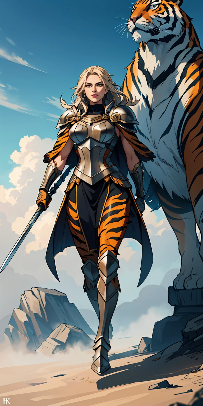 1 Girl (implying one person, likely female) Full Body: Standing with perfect symmetry Muscular Build: Strong and defined physique Turned Arms: Muscular arms positioned behind her back Theme: Epic Fantasy: Set in a fantastical world Asgard: Inspired by Norse mythology (can be subtle or more prominent) Valkyrie/Lady Knight: Combining elements of a fierce warrior and noble protector A motif incorporated into her armor, clothing, or environment (tiger stripes, or a tiger pelt cloak) Visual Style: Hyper Realistic: Incredibly lifelike detail Masterpiece: Exceptional quality 8K Resolution: Sharp and high definition Detailed Drawing: Intricate and richly textured Superior Quality: The best possible rendering Epic Composition: Dramatic and visually stunning