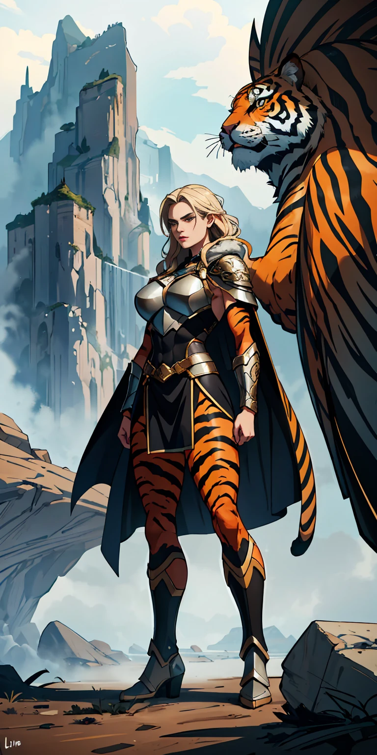 1 Girl (implying one person, likely female) Full Body: Standing with perfect symmetry Muscular Build: Strong and defined physique Turned Arms: Muscular arms positioned behind her back Theme: Epic Fantasy: Set in a fantastical world Asgard: Inspired by Norse mythology (can be subtle or more prominent) Valkyrie/Lady Knight: Combining elements of a fierce warrior and noble protector A motif incorporated into her armor, clothing, or environment (tiger stripes, or a tiger pelt cloak) Visual Style: Hyper Realistic: Incredibly lifelike detail Masterpiece: Exceptional quality 8K Resolution: Sharp and high definition Detailed Drawing: Intricate and richly textured Superior Quality: The best possible rendering Epic Composition: Dramatic and visually stunning