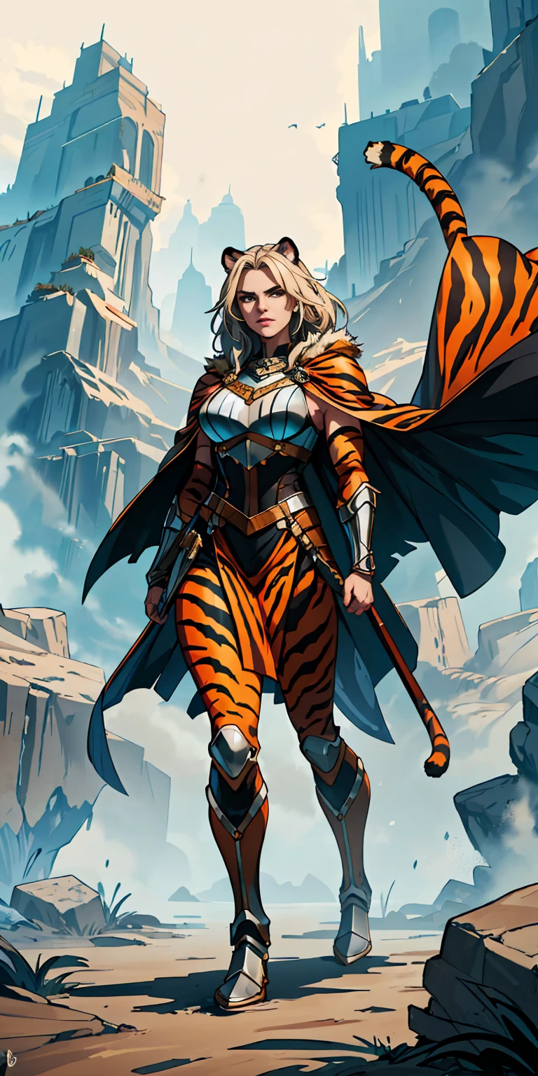 1 Girl (implying one person, likely female) Full Body: Standing with perfect symmetry Muscular Build: Strong and defined physique Turned Arms: Muscular arms positioned behind her back Theme: Epic Fantasy: Set in a fantastical world Asgard: Inspired by Norse mythology (can be subtle or more prominent) Valkyrie/Lady Knight: Combining elements of a fierce warrior and noble protector A motif incorporated into her armor, clothing, or environment (tiger stripes, or a tiger pelt cloak) Visual Style: Hyper Realistic: Incredibly lifelike detail Masterpiece: Exceptional quality 8K Resolution: Sharp and high definition Detailed Drawing: Intricate and richly textured Superior Quality: The best possible rendering Epic Composition: Dramatic and visually stunning