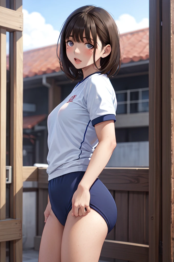 masterpiece, best quality, highres, aanene, short hair, buruma,gym uniform, standing, cowboy shot, outdoors, ahegao,nsfw,