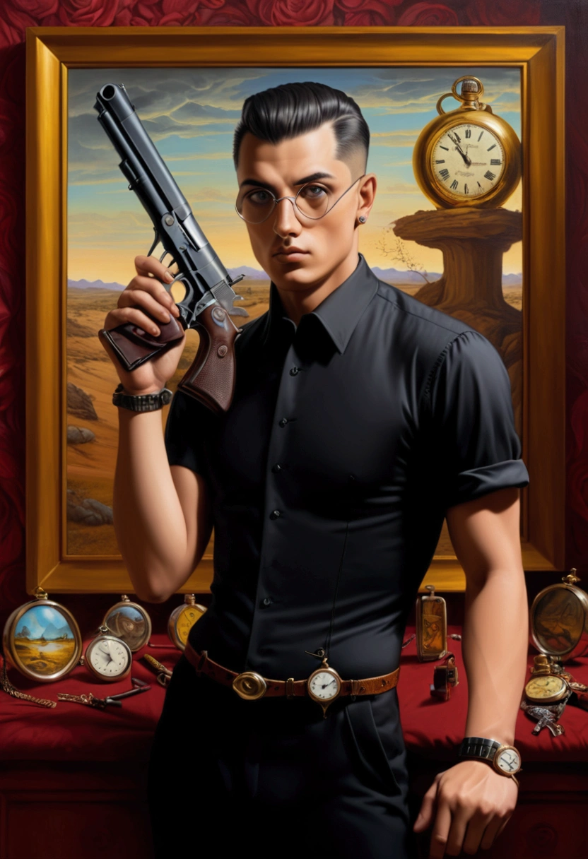 painting of a man with a gun and a watch in the background, arte lowbrow, surreal paintingista, surrealista lowbrow, epic surrealism oil painting 8k, vulgar surrealism, 4 k surrealism, arte lowbrow style, highly detailed surrealist art, surreal oil painting, pop surrealism arte lowbrow style, surreal painting, surreal paintingista, pj bandit, Salvador Dalli style