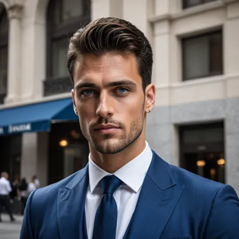 a photorealistic portrait of a 27-year-old italian man with piercing blue eyes and a towering height of 6'5. he exudes a fit and...