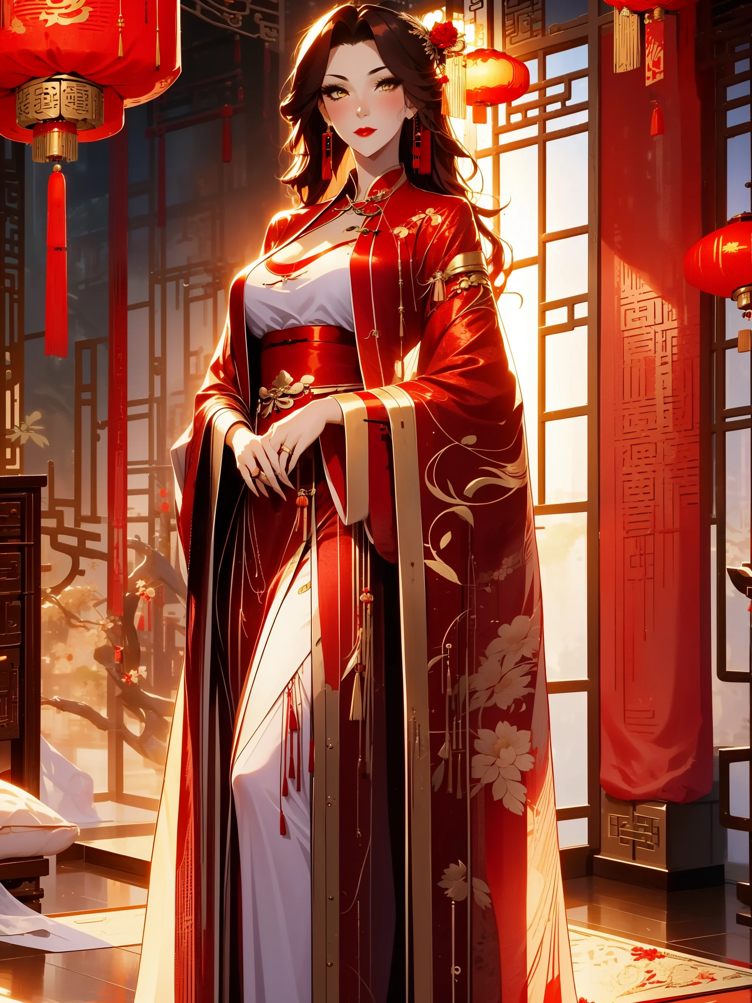 score_9, score_8_up, score_7_up, score_6_up, score_5_up, score_4_up, Xian Mei, golden eyes, red curly hair, tied hair, hair in a bun, hairpin, traditional Chinese red wedding hanfu dress, Yourqipao Red Embroidery Chinese Xiuhe Hanfu Women's Satin Cheongsam Ancient Traditional Chinese Bride , Wedding Dress, Long Dresses, long earrings, red lipstick, detailed eyes, traditional wear, sexy attractive, hot, traditional, smiling, happy, blush, red veil,