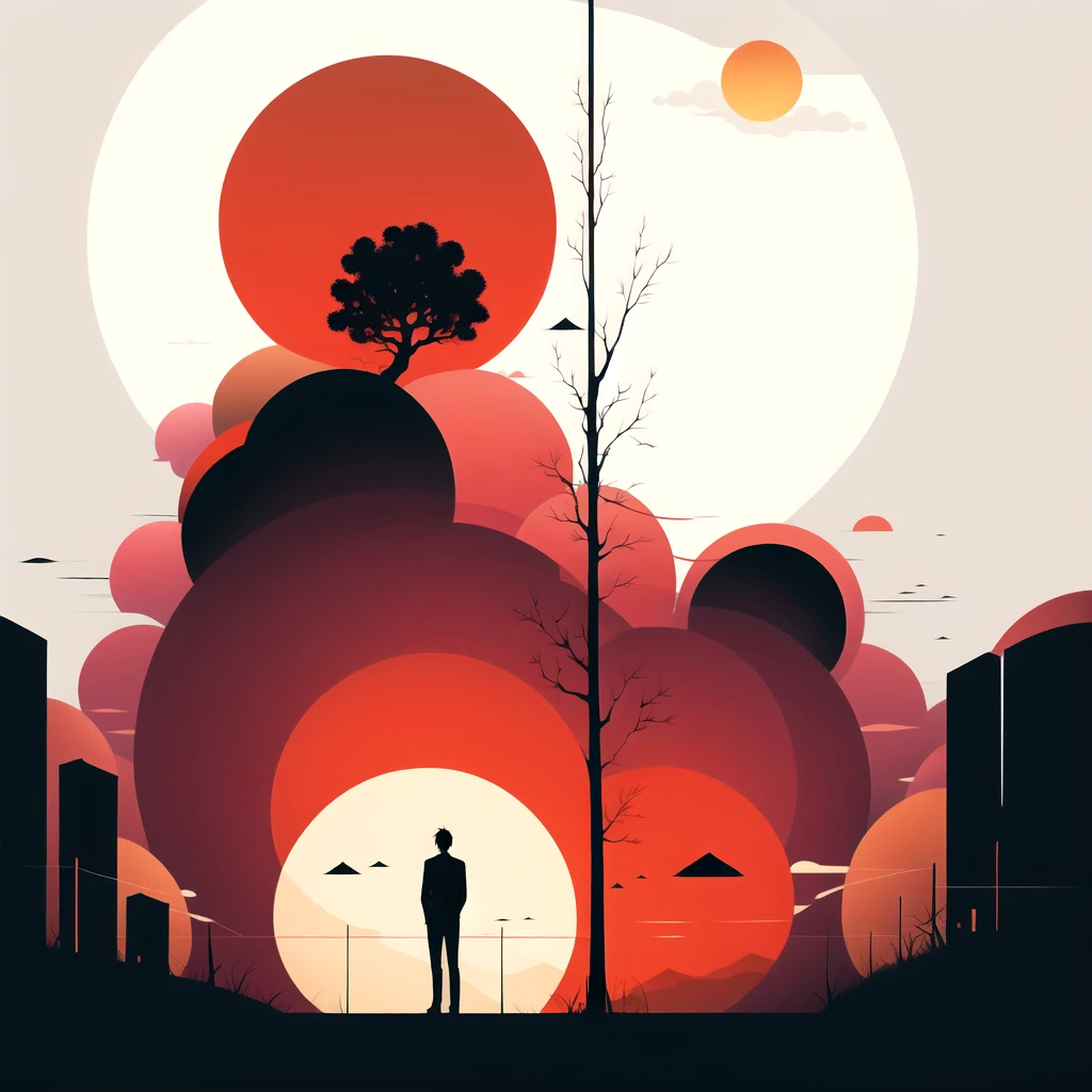 silueta,árbol,solo,luna,tema naranja,Al aire libre,sol, fondo oscuro, Cielo púrpura,escenario,de pie,1 chico,1otro,bare árbol, lágrimas en la imagen