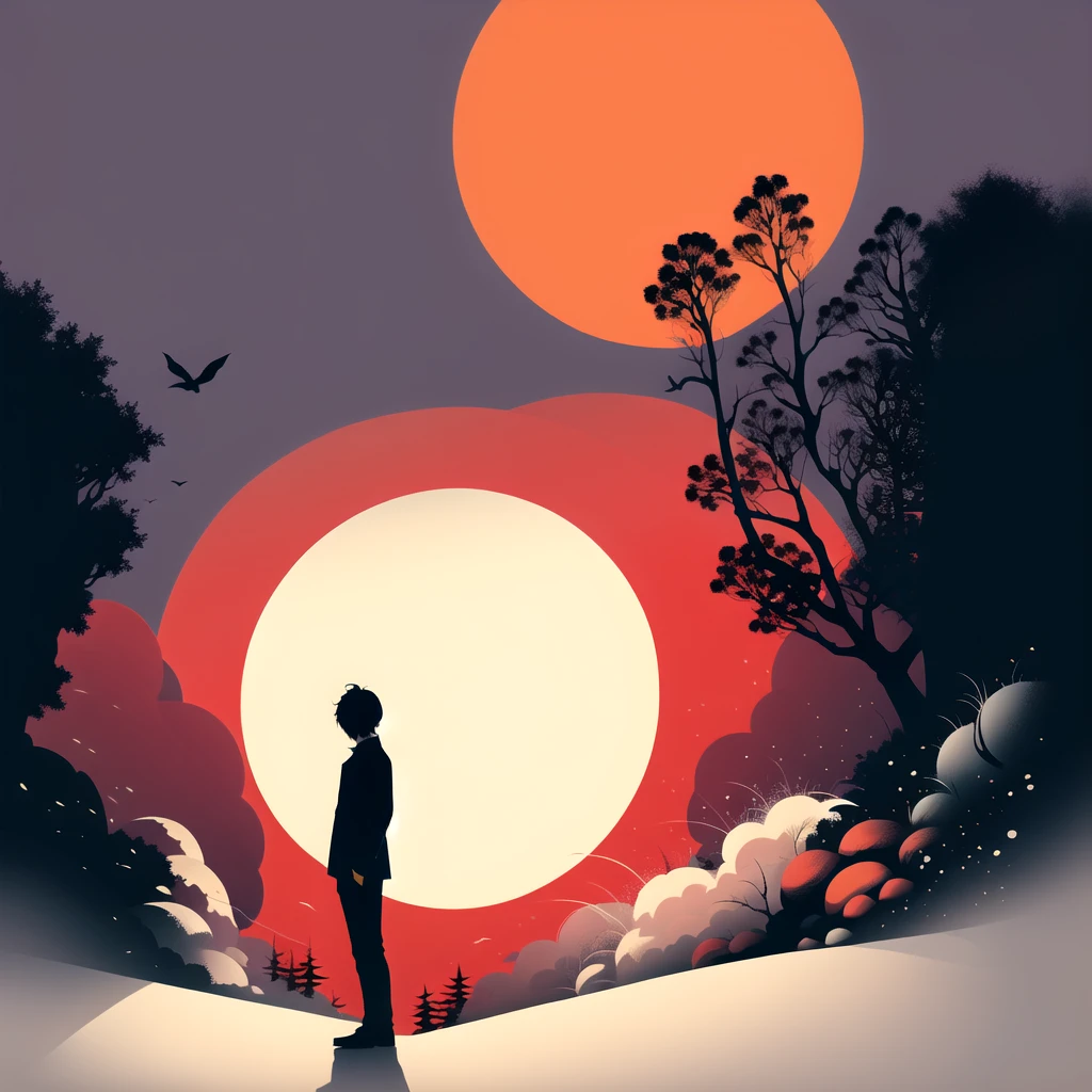 silhouette,tree,solo,moon,orange theme,outdoors,sun, dark background, purple sky,scenery,standing,1boy,1other,bare tree, tears on image