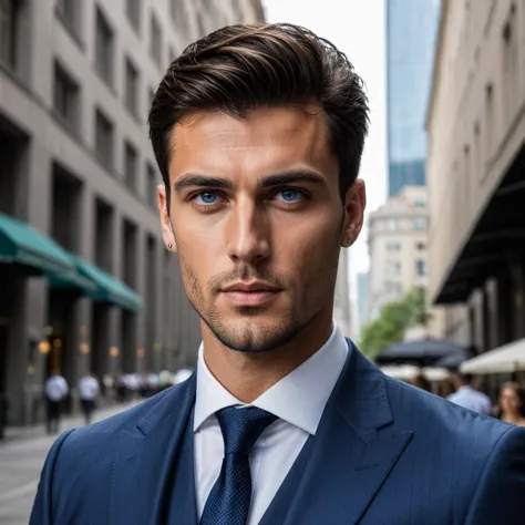 a photorealistic portrait of a 27-year-old italian man with piercing blue eyes and a towering height of 6'5. he exudes a fit and...