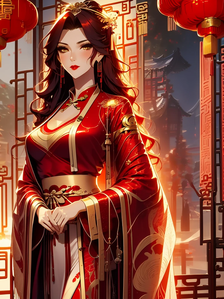 score_9, score_8_up, score_7_up, score_6_up, score_5_up, score_4_up, Xian Mei, golden eyes, red curly hair, tied hair, hair in a bun, hairpin, traditional Chinese red wedding hanfu dress, Yourqipao Red Embroidery Chinese Xiuhe Hanfu Women's Satin Cheongsam Ancient Traditional Chinese Bride , Wedding Dress, Long Dresses, long earrings, red lipstick, detailed eyes, traditional wear, sexy attractive, hot, traditional, smiling, happy, blush, red veil,