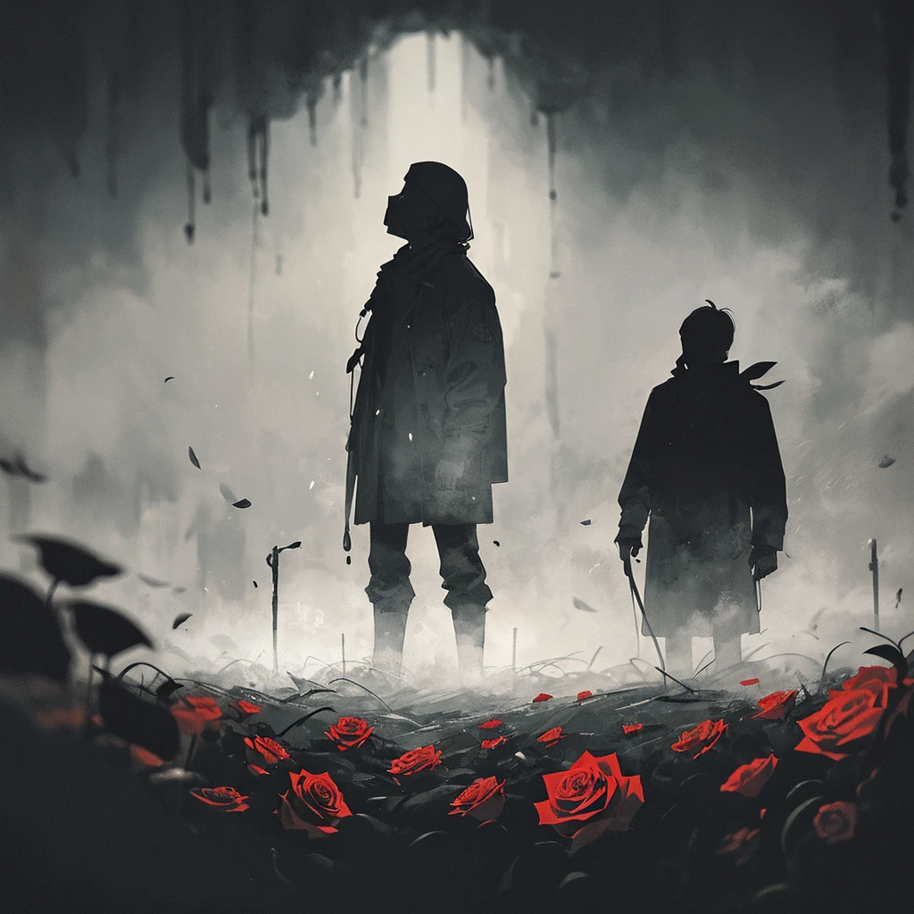 1 men standing behind, (silhouette:1.3), blackwork, painful, creepy, sheet, roses, skull, abstract, ambient lighting, (blurred background, blurred foreground, Depth of field:1.3), Swirling fog, Rainbow fog, traditional texture, dripping