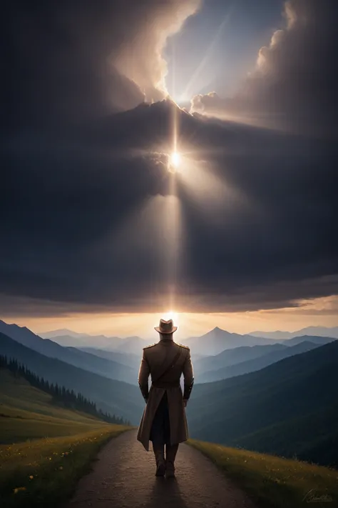 cinematic film, realistic photograph,

a man stands in awe, gazing at the majestic mountains that tower above aether valley. the...