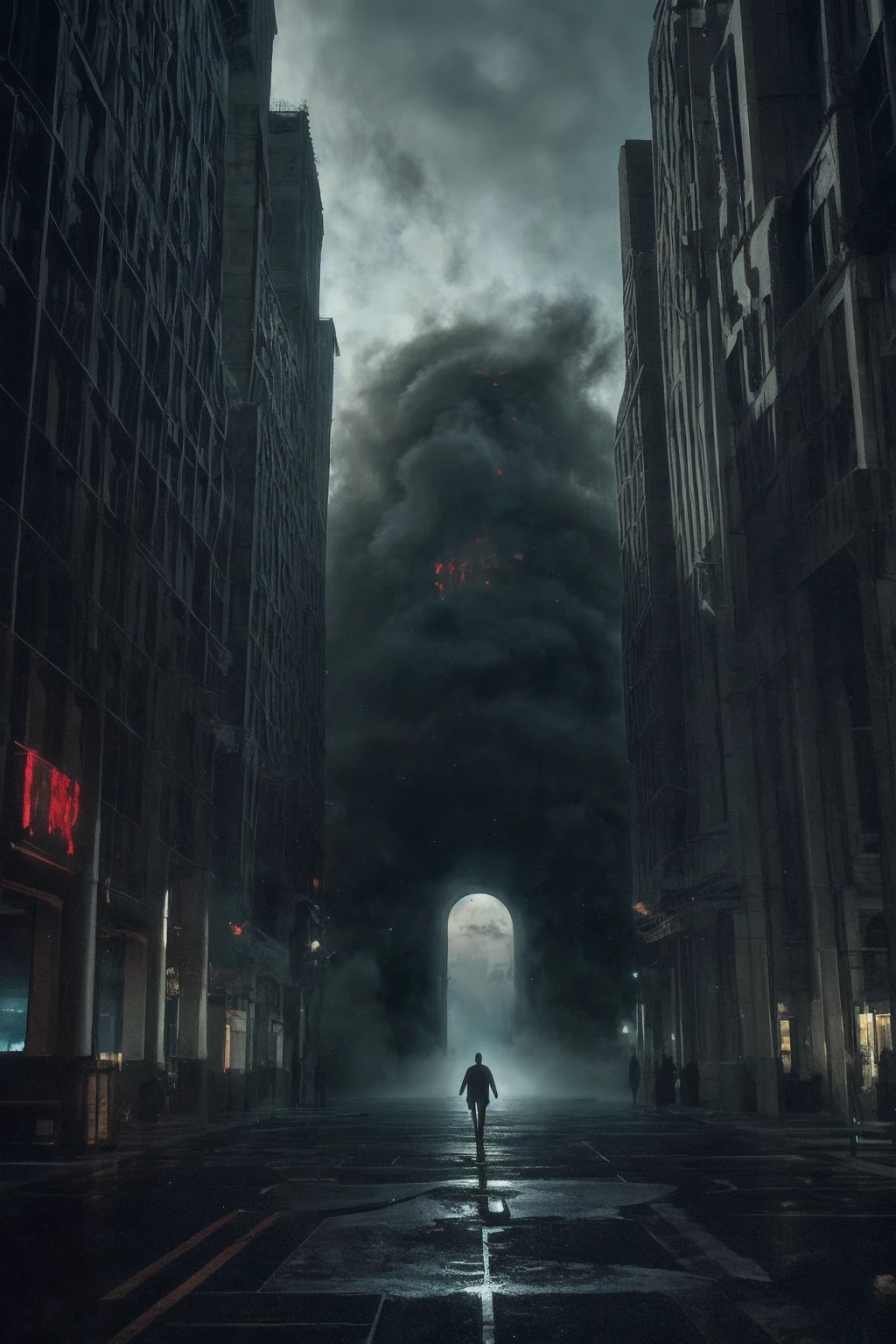 cinematic film, Realistic photograph,

In a horror-themed setting, a massive, oversized eldritch stele, towering 20 storeys high, is covered in bas-relief depicting demonic pain and suffering, along with unholy glyphs. Smoke billows from a blasphemous portal to hell at the stele's base, casting an eerie glow. This colossal structure pierces through a gigantic hole in a major downtown street, surrounded by broken asphalt and rubble. A dust cloud swirls around its base, and cars are scattered around, caught in the chaos.
The scene is set at night, amplifying the dark and spooky atmosphere. The extreme wide-angle lens captures the vastness of the stele, while the hero angle emphasizes its ominous presence. The entire scene is shrouded in a mood of suspense and grimness, with every detail rendered in high detail, enhancing the unsettling and eerie feel of this otherworldly horror.


,shallow depth of field, vignette, highly detailed, high budget, bokeh, cinemascope, moody, epic, gorgeous, film grain, grainy, 