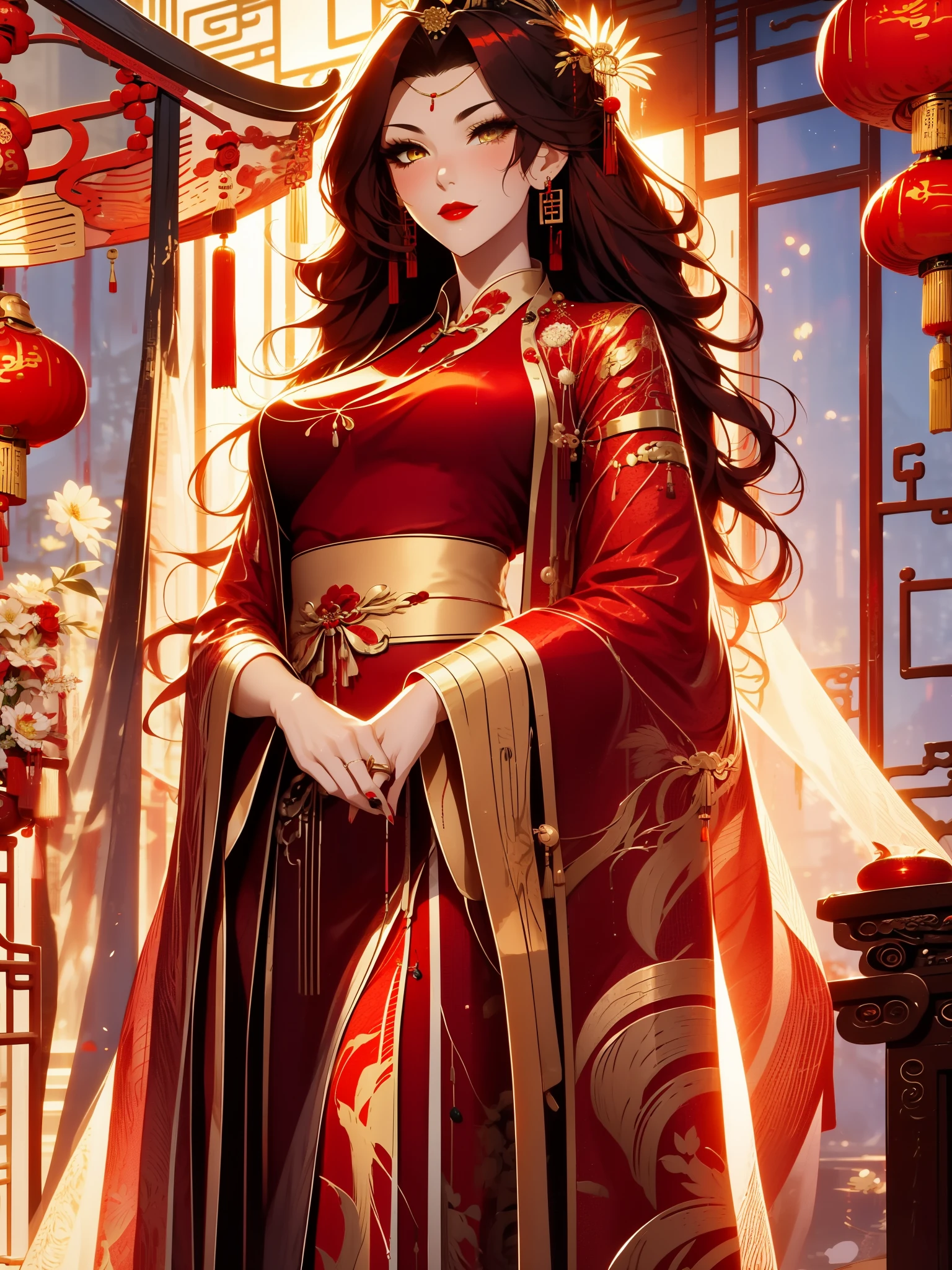 score_9, score_8_up, score_7_up, score_6_up, score_5_up, score_4_up, Xian Mei, golden eyes, red curly hair, tied hair, hair in a bun, hairpin, traditional Chinese red wedding hanfu dress, Yourqipao Red Embroidery Chinese Xiuhe Hanfu Women's Satin Cheongsam Ancient Traditional Chinese Bride , Wedding Dress, Long Dresses, long earrings, red lipstick, detailed eyes, traditional wear, sexy attractive, hot, traditional, smiling, happy, blush, red veil,