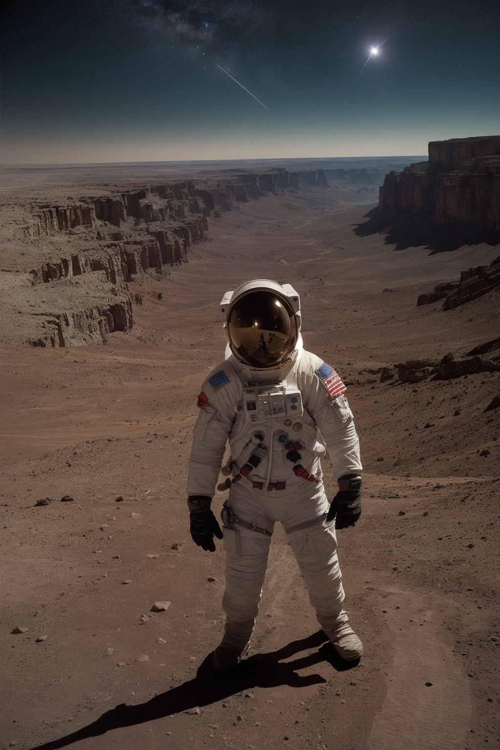 cinematic film, Realistic photograph,

An astronaut stands at the edge of a daunting canyon on Mars, gazing into the vast chasm that stretches before him under the starlit sky. The night is illuminated by the distant stars and the faint light of the planet, casting long shadows across the Martian landscape. The steep and rugged walls of the canyon seem insurmountable, and the astronaut, clad in his spacesuit, screams into the void, a mix of awe and exasperation evident in his expression. The Martian terrain, scattered with rocks and shadows, adds to the atmosphere of mystery and the challenges of space exploration.



,shallow depth of field, vignette, highly detailed, high budget, bokeh, cinemascope, moody, epic, gorgeous, film grain, grainy, 