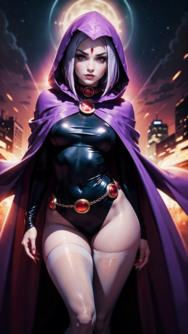 illustration of Raven from DC Comics, 1 girl, Raven, high collar, black leotard, black cape, hooded cloak, cabelo roxo, testa jeauel, purples eyes, shorth hair, belt, stretched skin, standing, neckleace, toned, pose, natta , moonlights, ((posando)), motion lines, trunk, trunk, portraite, b&au. contour, in anime tarot card art style, chic, glamourous, reflection, Glow Up, shadowing, pantyhose 40 dinier, mic