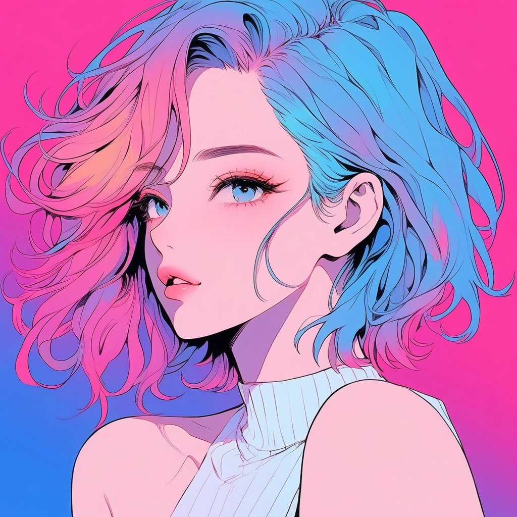 Illustrator, Anime , Realistic ,sketch , 1girl in, ,lip, order, Blue gradient background, Neon Hair,textured crop, Canadian, (masutepiece,Best Quality)