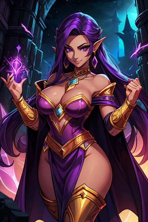 A beautiful mature sorceress (1 girl). League of Legends character, League of Legends style, RPG video game, RPG video game character, designed by Bo Chen. 28 years old, dark-skinned female, with long purple flowing hair, purple eyes, purple iris, mascaras purple eyeshadow, smile, purple lipstick, medium breasts. Wearing golden ringed earrings, purple cape, purple strapless top, purple loincloth, golden armlets and golden boots. ((bright purple magical sparks in both hands)). Glamorous, confident expression, her appearance reflects on her mysterious and alluring appeal. Dramatic lighting, high contrast, highly saturated colors, 8k wallpaper, League of Legends based environment, League of Legends based setting, night time, castle ruins and magenta aroura's surrounding her
