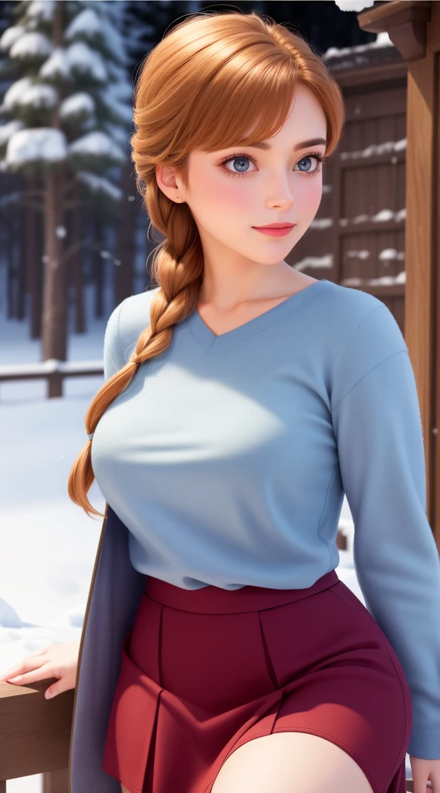 woman, ((Masterpiece, best quality)), detailed skin, Anna from Frozen clothes, highly detailed, cinematic lighting, ultra realistic, blush, looking at viewer,  anna, anna from frozen, princess, disney, brown hair, long hair, portrait, outdoor, snow,  cleavage,  large breasts,  wide hips, full body view, tall, 
skirt, miniskirt, microskirt, pleated skirt, thighs,