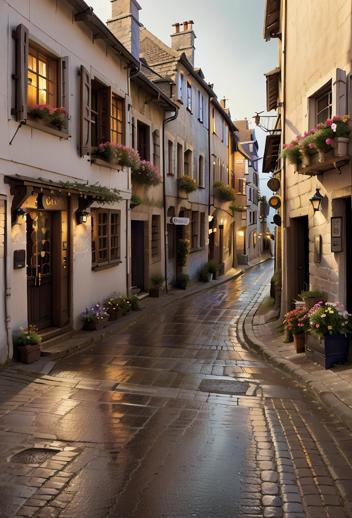 painting of a bicycle parked on a cobblestone street with flowers, a photorealistic painting inspired by Evgeny Lushpin, cg society contest winner, street art, quaint village, french village exterior, detailed 4 k oil painting, 8 k hd detailed oil painting, highly detailed 4 k painting, quaint, photorealistic streetscape, outdoors european cityscape, beautiful oil matte painting