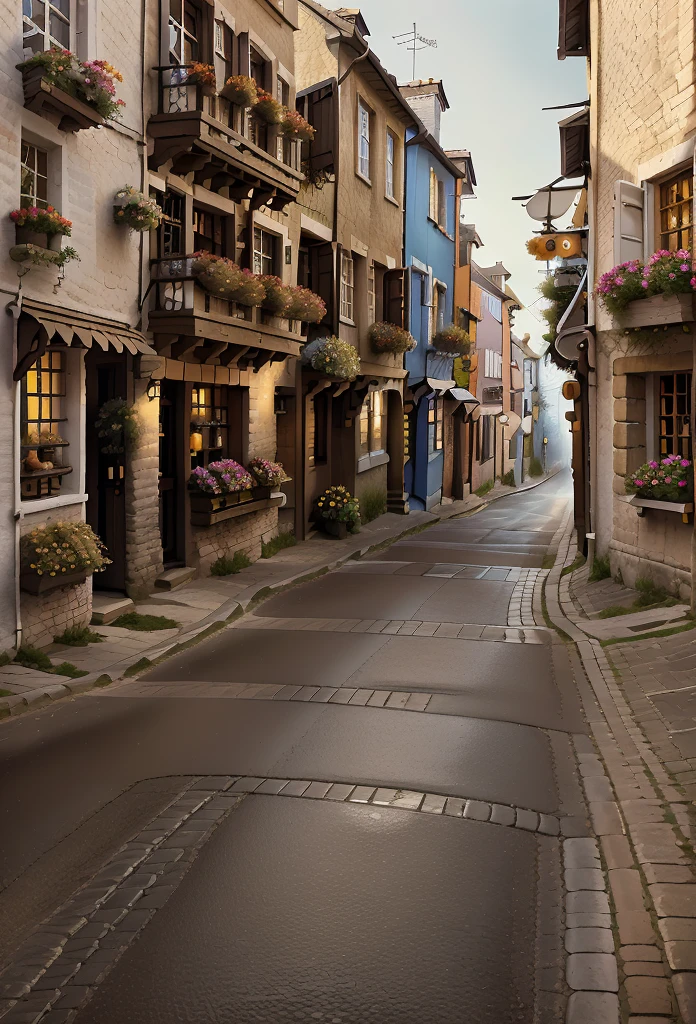 painting of a bicycle parked on a cobblestone street with flowers, a photorealistic painting inspired by Evgeny Lushpin, cg society contest winner, street art, quaint village, french village exterior, detailed 4 k oil painting, 8 k hd detailed oil painting, highly detailed 4 k painting, quaint, photorealistic streetscape, outdoors european cityscape, beautiful oil matte painting