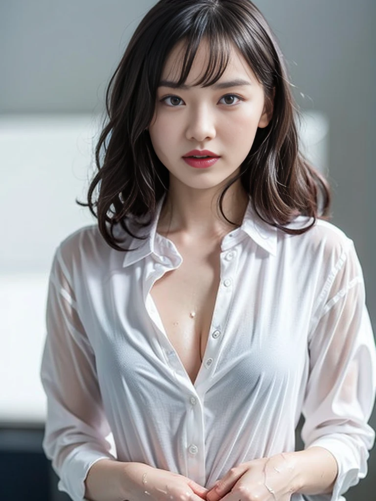 Gray background、pubic hair、Large Breasts、Thighs、Red lipstick、(((Glaring)))、Curly Hair、Disheveled Hair、Cute woman、high school girl、White shirt、Navy frill mile、Open chest shirt、A wet shirt with underwear showing through、