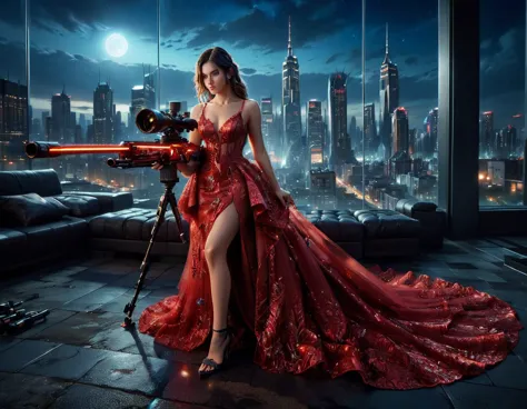 a portrait picture of a 1single sniper woman, standing in a window aiming a sniper rifle, an exotic elegant, beautiful sniper wo...