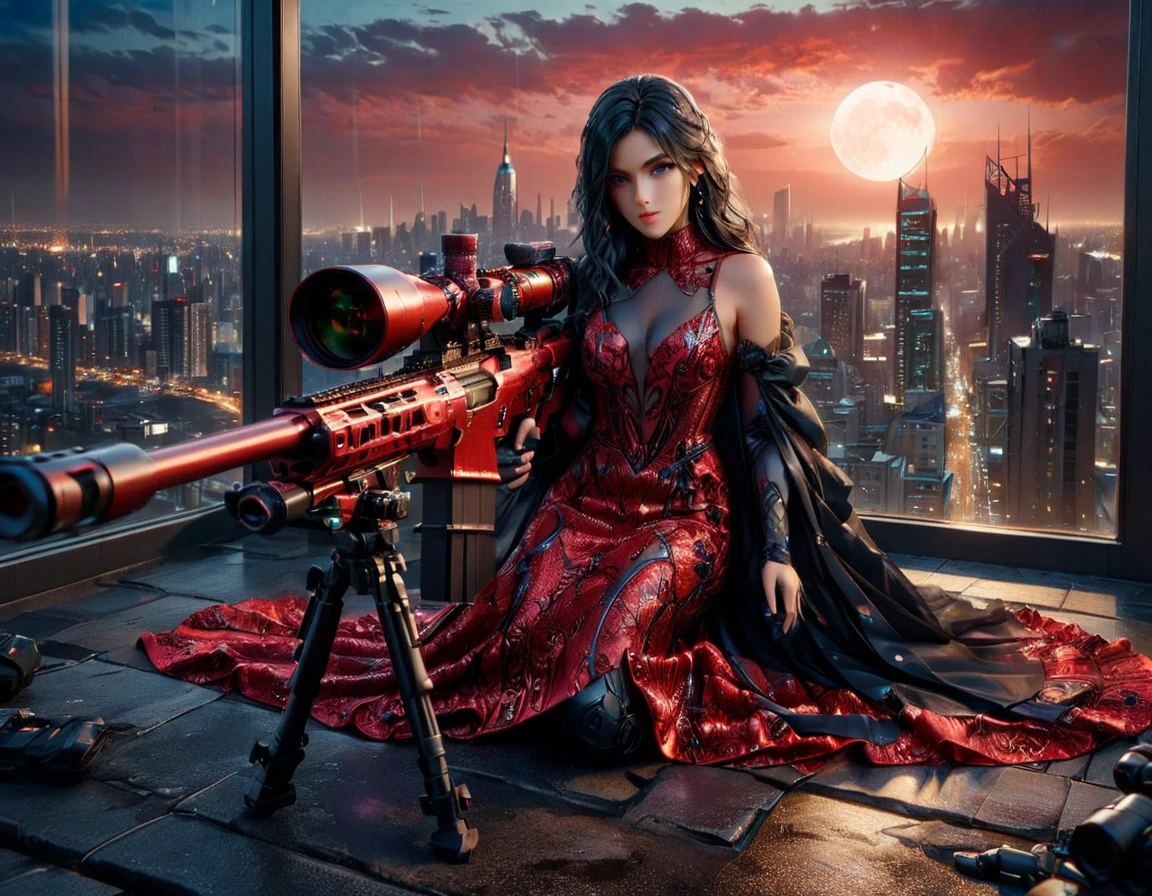 a portrait picture of a 1single sniper woman, standing in a window aiming a sniper rifle, an exotic elegant, beautiful sniper woman, dynamic hair color, braided hair, full body shop, intense blue eyes, wearing intricate glasses ultra detailed face, wearing (intricate red evening dress: 1.5), elegant dress, dynamic color, dynamic style, wearing elegant stiletto heels , behind a window in a tall building at nigh, aiming a (Light Sniper Rifle: 1.2) , cyberpunk city background, its night time, moon rays, some clouds,  (full body shot: 1.1) , vibrant, Ultra-high resolution, High Contrast, (masterpiece:1.5), highest quality, Best aesthetics), best details, best quality, highres, ultra wide angle, 16k, [ultra detailed], masterpiece, best quality, (extremely detailed) Sniper Rifle, evening dress
