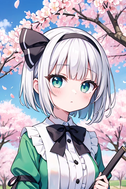 Retrato de Konpaku Youmu bajo un enorme cerezo en flor