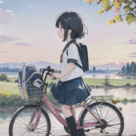 (masterpiece, highest quality:1.2), reality、girl on a bicycle， alone、junior high school girl，uniform、standing in line，fluttering...