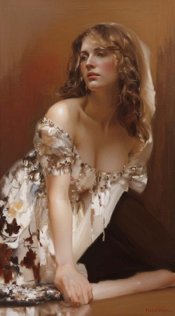 Oil painting of a Mujer hermosa((Mucho contraste de color))  ((mejor obra de arte)) ((Pintura al óleo estilo Nick Alm)) ((Mujer hermosa)).Pelo castaño, moderna, fondo blanco actual, Nick Alm, por Andrea Pozzo, Jeremy Lipking, gama murata jeremy lipking, by Carlo Mense, inspirado en enrique simonet, sargento marshénnikov, por Michael Ford, krenzcushart, Jeremy Lipking toma de cuerpo entero, by Josep Rovira Sole