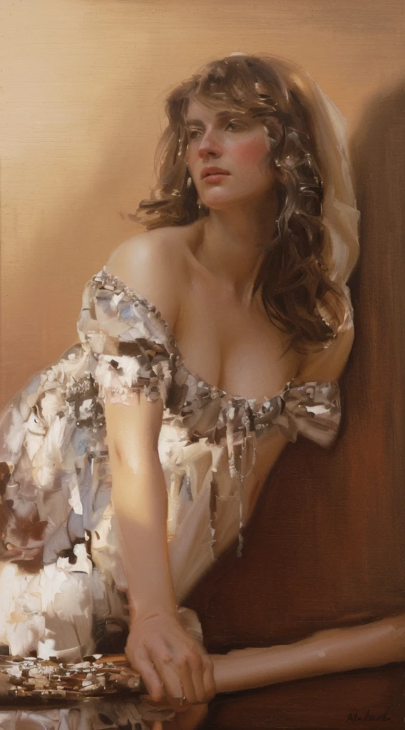 Oil painting of a Mujer hermosa((Mucho contraste de color))  ((mejor obra de arte)) ((Pintura al óleo estilo Nick Alm)) ((Mujer hermosa)).Pelo castaño, moderna, fondo blanco actual, Nick Alm, por Andrea Pozzo, Jeremy Lipking, gama murata jeremy lipking, by Carlo Mense, inspirado en enrique simonet, sargento marshénnikov, por Michael Ford, krenzcushart, Jeremy Lipking toma de cuerpo entero, by Josep Rovira Sole