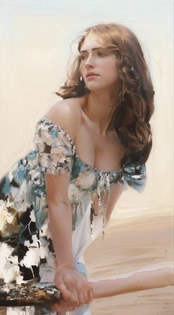 Oil painting of a beautiful woman((Lots of color contrast))  ((best work of art)) ((Nick Alm style oil painting)) ((beautiful woman)).Brown hair, modern, current white background, Nick Alm, by Andrea Pozzo, Jeremy Lipking, range murata Jeremy Lipking, by Carlo Mense, inspired by Enrique Simonet, sargento marshénnikov, by Michael Ford, krenzcushart, Jeremy Lipking full length shot, by Josep Rovira Sole