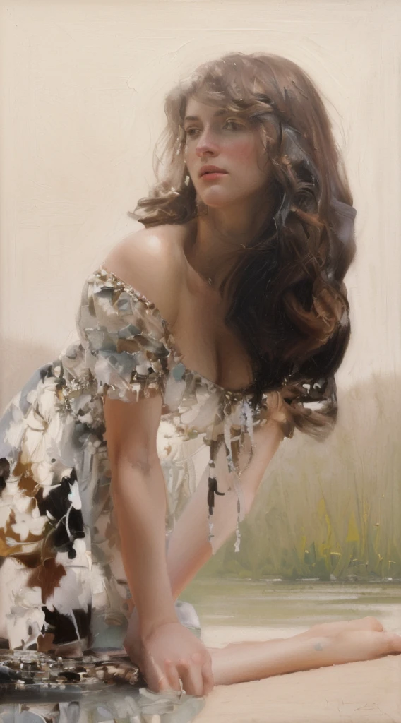 Oil painting of a Mujer hermosa ((Mucho contraste de color))  ((mejor obra de arte)) ((Pintura al óleo estilo Nick Alm)) ((Mujer hermosa)).Pelo castaño, moderna, fondo blanco actual, Nick Alm, por Andrea Pozzo, Jeremy Lipking, gama murata jeremy lipking, by Carlo Mense, inspirado en enrique simonet, sargento marshénnikov, por Michael Ford, krenzcushart, Jeremy Lipking toma de cuerpo entero, by Josep Rovira Sole