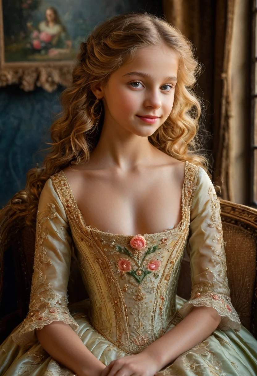 (best quality,4k,8k,highres,masterpiece:1.2), ultra-detailed, (realistic,photorealistic,photo-realistic:1.37),In the portrait of this enchanting 13-year-old girl, the daughter of a prosperous merchant during the flourishing 17th century in the Netherlands, every brushstroke captures the essence of her youth and nude  innocence.

Her golden locks cascade in gentle waves, adorned with ribbons and pearls that speak of her family's affluence. Each curl seems to dance in the light, framing her cherubic face with an air of purity and grace. Her eyes, wide and bright, reflect the curiosity and wonder of childhood, as if every glance is filled with endless possibilities.

Her rosy cheeks flush with vitality, a testament to her health and happiness in the embrace of her privileged upbringing. A delicate dimple graces her smile, adding a touch of sweetness to her countenance that is as charming as it is captivating.

Dressed in the finest silks and lace, her gown whispers softly with every movement, a symphony of luxury and refinement. Embroidered motifs and intricate details adorn her attire, showcasing the exquisite craftsmanship of the era and her family's esteemed status in society.

In her hands, she holds a posy of fresh flowers, their vibrant colors mirroring the bloom of her youth. With each delicate petal, she seems to embody the essence of spring itself, a beacon of hope and renewal in a world filled with uncertainty.

This portrait of the 12-year-old daughter of a prosperous Dutch merchant is not just a representation of beauty; it's a window into a bygone era of elegance, privilege, and the timeless innocence of youth.