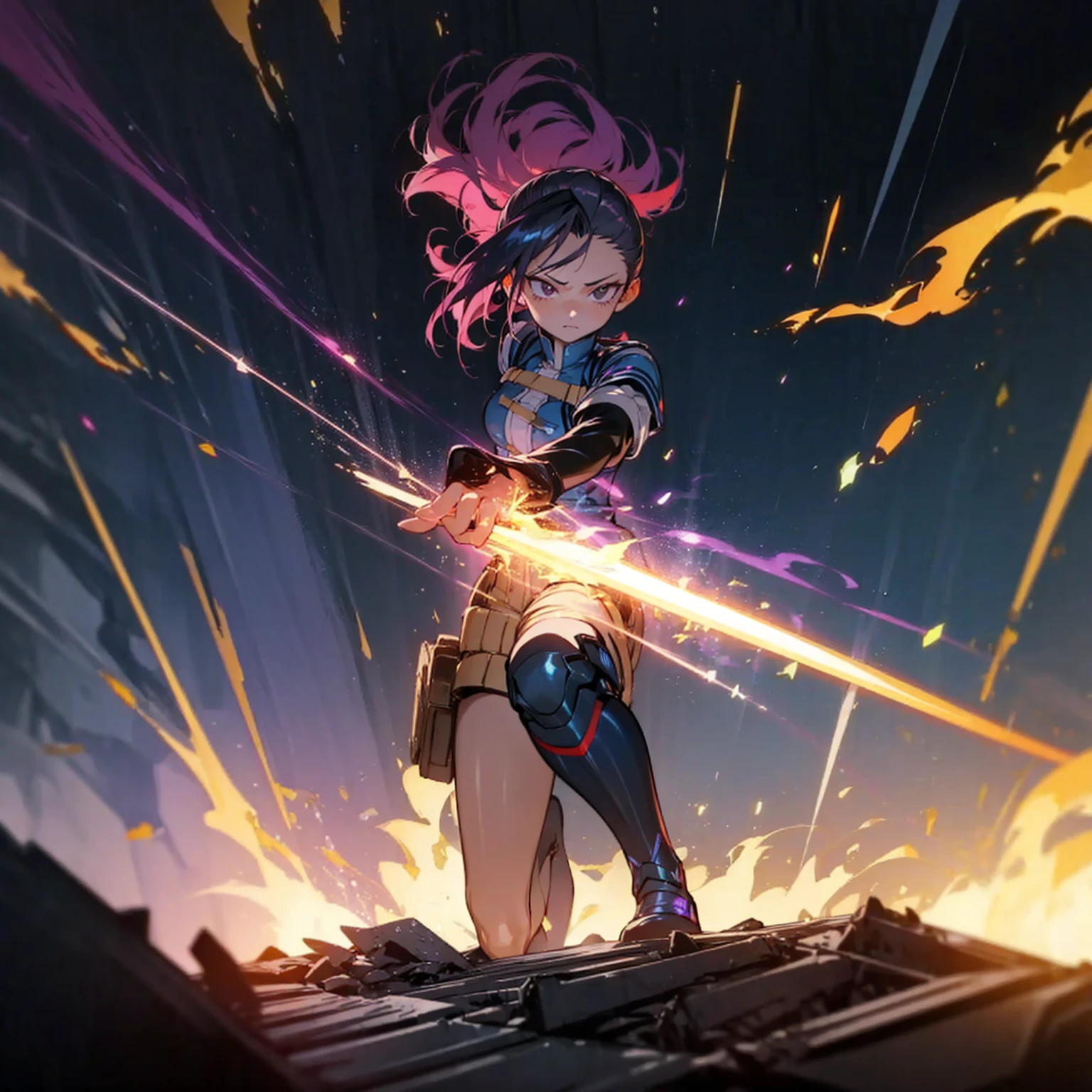 1girl, Full body version, 1character, black eyes, short Curly haircut, magenta color hair, army style clothing, blue colour clothing, full armor, boots army, Grassroots, background in field, motion blur, (kimetsu no yaiba style), Robotic sword in hand, fire, lighting fire, Blue light, silhouette, blue lightning, smoke, aura, smoke effect, aura effect, fire effect, angry eyes, standing gesture, high angle view 