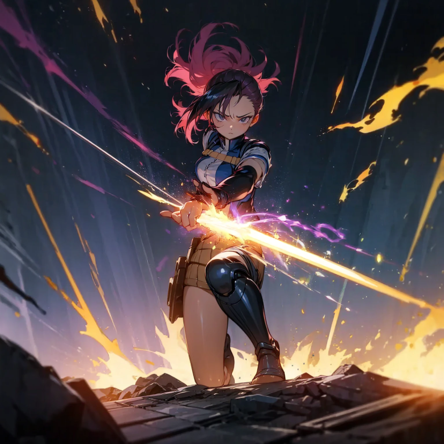 1girl, Full body version, 1character, black eyes, short Curly haircut, magenta color hair, army style clothing, blue colour clothing, full armor, boots army, Grassroots, background in field, motion blur, (kimetsu no yaiba style), Robotic sword in hand, fire, lighting fire, Blue light, silhouette, blue lightning, smoke, aura, smoke effect, aura effect, fire effect, angry eyes, standing gesture, high angle view 