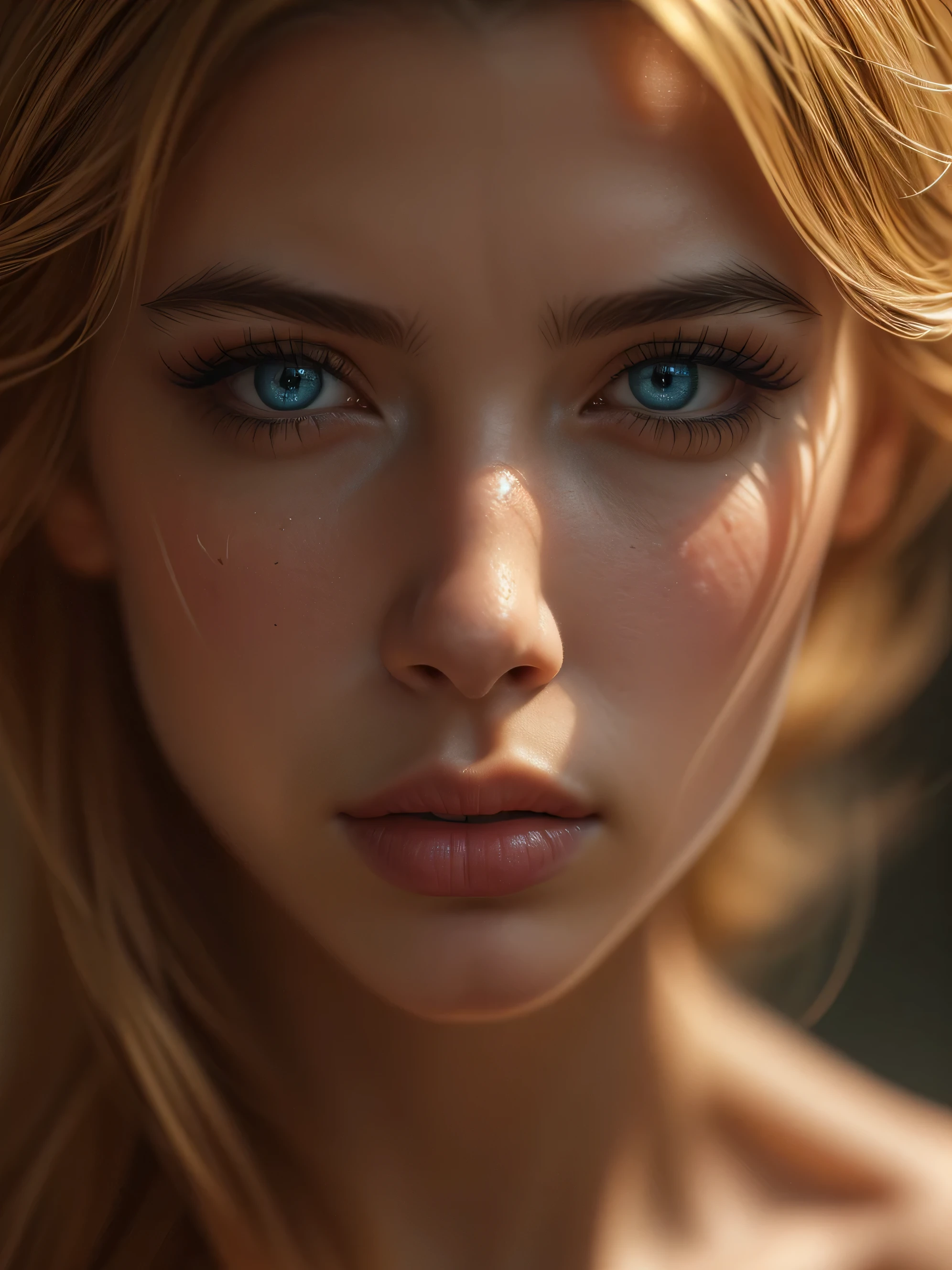 (((ultra realistic))) A close up Photo, masterpiece, top quality, (Ultra detailed face and eyes:1.3), 1 girl, astonishing beauty, (special attention to skin detail: 1.2),  Ultra detailed eyes, Erotic atmosphere, beautiful golden flowy hair, strong jaw line, perfect geometry 