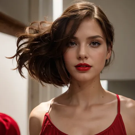 1 solo girl, brunette smooth hair, red lips, head, looks straight ahead