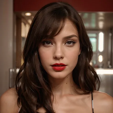1 solo girl, brunette smooth hair, red lips, head, looks straight ahead