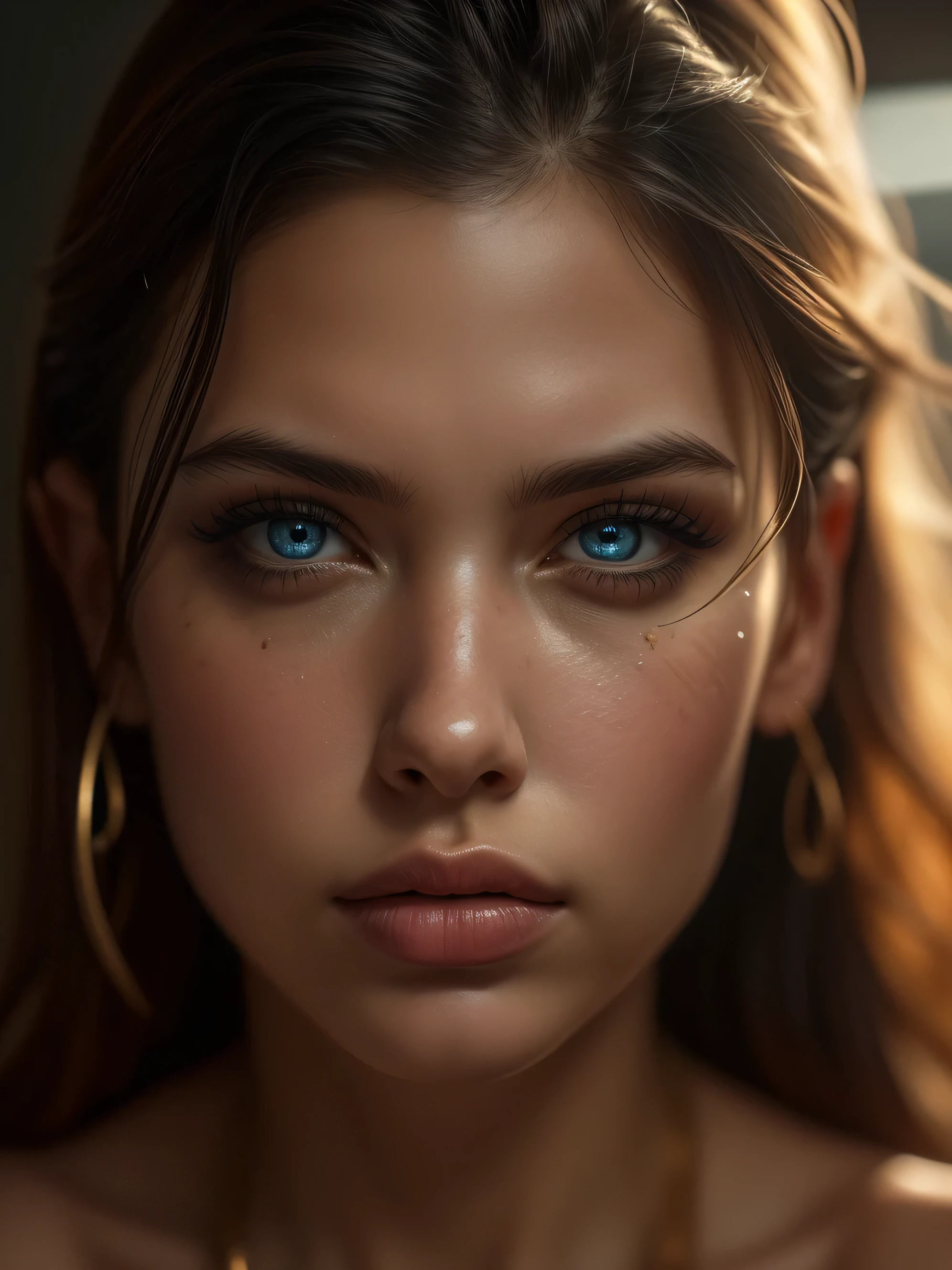 (((ultra realistic))) A close up Photo, masterpiece, top quality, (Ultra detailed face and eyes:1.3), 1 girl, astonishing beauty, nose piercing, (special attention to skin detail: 1.2),  Ultra detailed eyes, Erotic atmosphere, beautiful golden flowy hair, strong jaw line, perfect geometry 