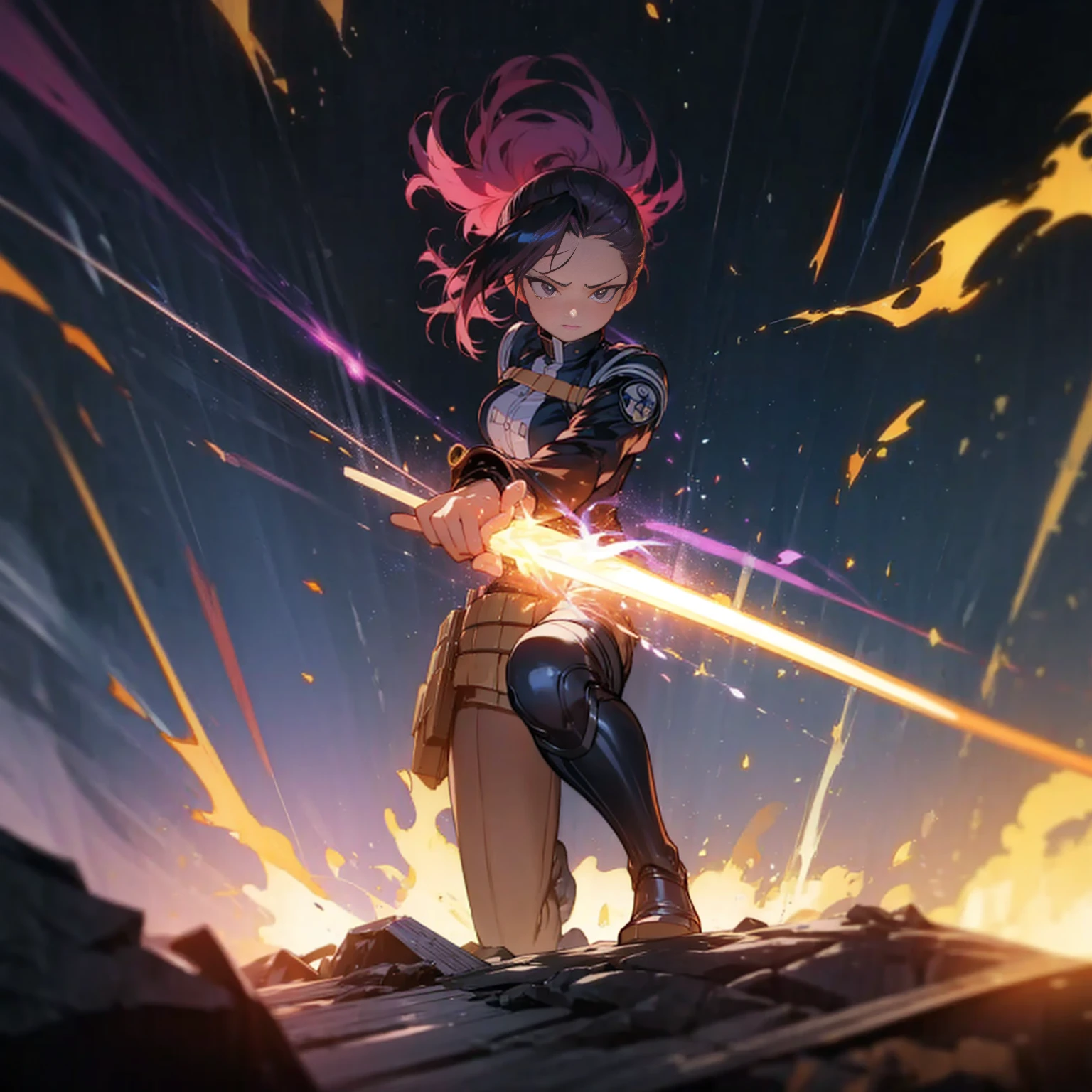 1girl, Full body version, 1character, black eyes, short Curly haircut, magenta color hair, army style clothing, blue colour clothing, full armor, boots army, Grassroots, background in field, motion blur, (kimetsu no yaiba style), Robotic sword in hand, fire, lighting fire, Blue light, silhouette, blue lightning, smoke, aura, smoke effect, aura effect, fire effect, angry eyes, standing gesture, high angle view 