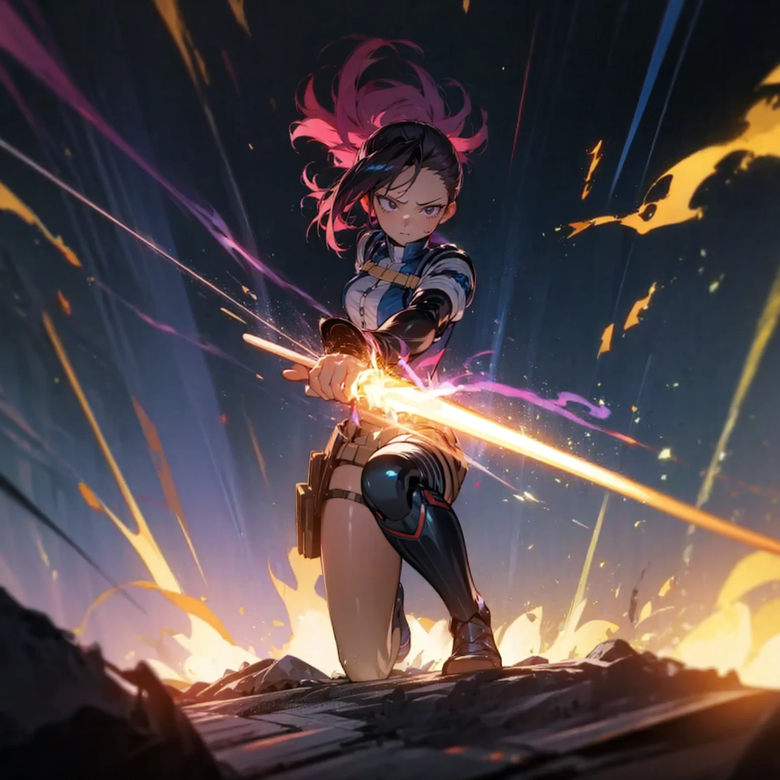 1girl, Full body version, 1character, black eyes, short Curly haircut, magenta color hair, army style clothing, blue colour clothing, full armor, boots army, Grassroots, background in field, motion blur, (kimetsu no yaiba style), Robotic sword in hand, fire, lighting fire, Blue light, silhouette, blue lightning, smoke, aura, smoke effect, aura effect, fire effect, angry eyes, standing gesture, high angle view 