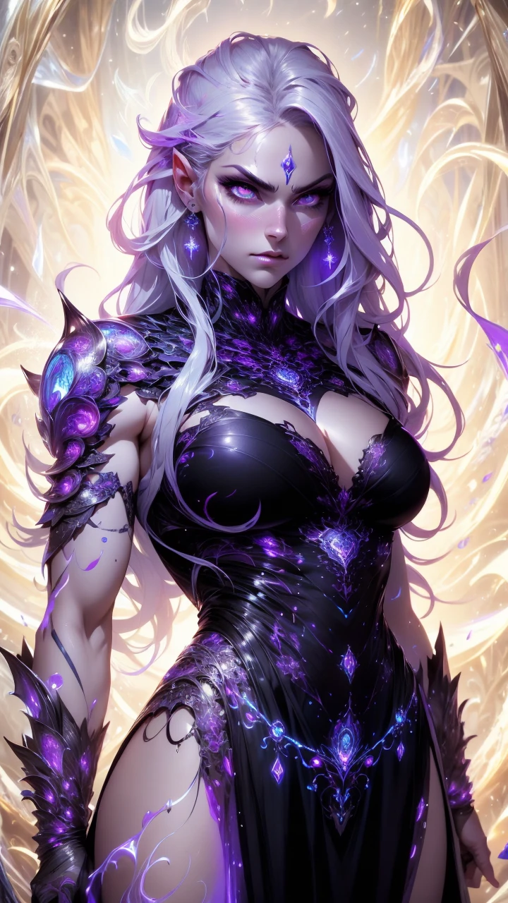 official arts, 8k unity wallpaper, ultra-detailed, beautiful and aesthetically pleasing, masterpiece, best quality, (fractal art: 1.3),female, 1 girl, magic woman, purple eyes, misterious smile, tall woman, very muscular, serious and and angry face, wavy messy white hair, black dress, shrouded in darkness, moving your hands creating a bluish aura that lights up your face