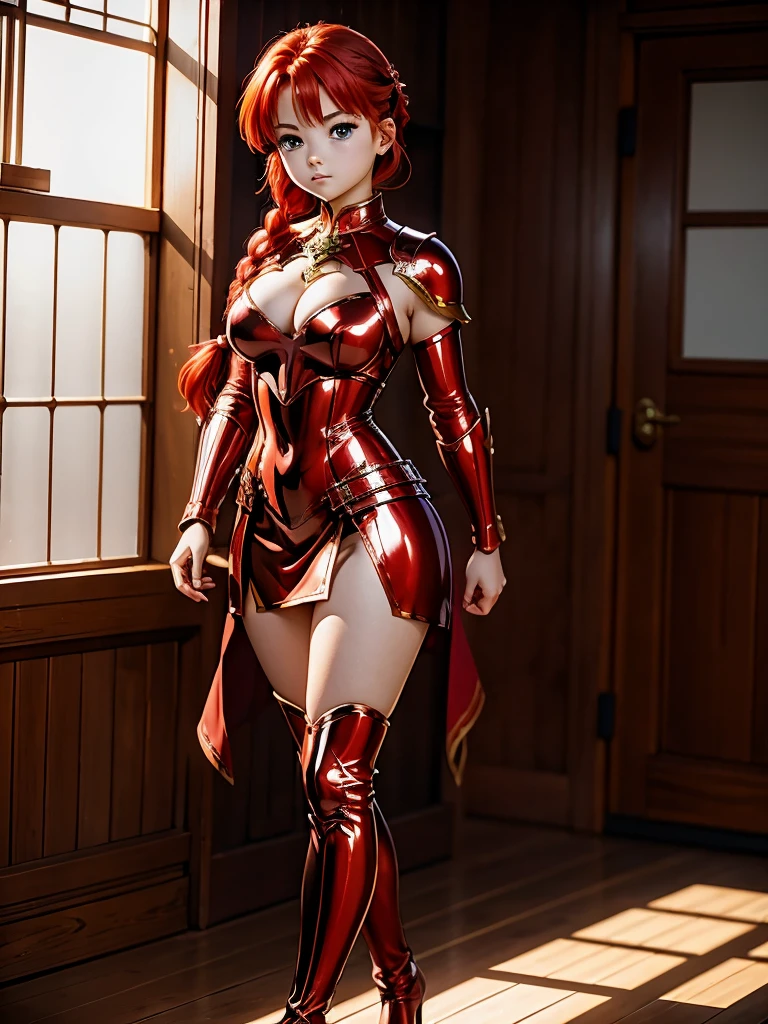 Redhead anime girl with red metallic armor, 16 yrs old, Body cute, breasts big, posture of fight, Combat posture, sexy girl, red hair with braid, beautiful lighting, softshadows, blue colored eyes, pretty legs, hair with braid, anime styling, ranma chan, Autora Rumiko Takahashi, Based on a work by Rumiko Takahashi, Anime Ranma 1/ 2, decote sexy, robust hip, fully body, complete body, Bust Big, young girl with beautiful and beautiful body, garota 16 yrs old jovem baixa estatura, red metallic armor dress, anime girl, anime styling, red hair with braid, beautiful light, shiny metal armor, black boots on the feet, long black boots on the feet