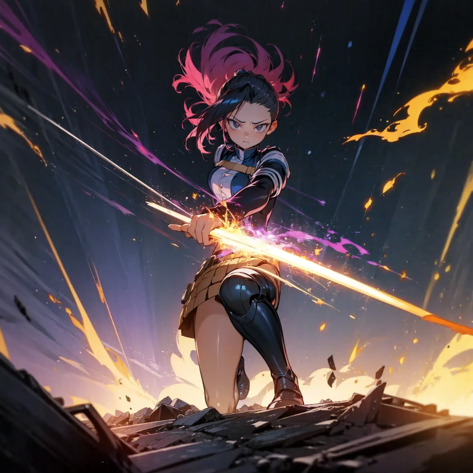 1girl, Full body version, 1character, black eyes, short Curly haircut, magenta color hair, army style clothing, blue colour clothing, full armor, boots army, Grassroots, background in field, motion blur, (kimetsu no yaiba style), Robotic sword in hand, fire, lighting fire, Blue light, silhouette, blue lightning, smoke, aura, smoke effect, aura effect, fire effect, angry eyes, standing gesture, high angle view 