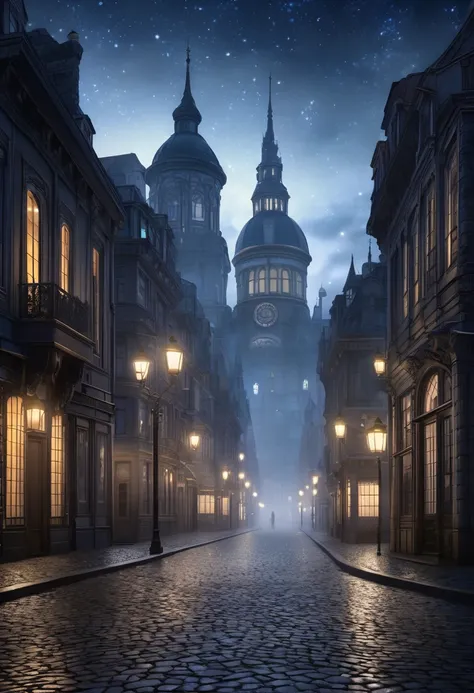 dark fantasy, cobblestone boulevards, white victorian streets, shining buildings, deserted, foggy, starry skies, fantastical