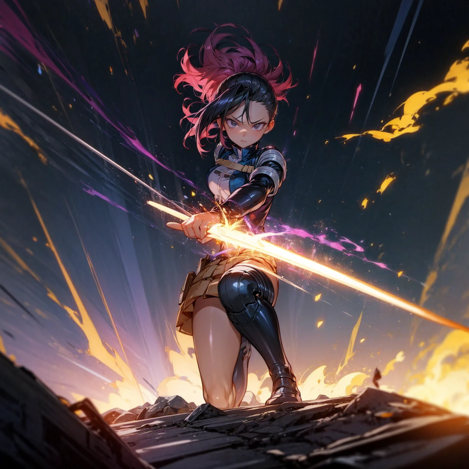 1girl, Full body version, 1character, black eyes, short Curly haircut, magenta color hair, army style clothing, blue colour clothing, full armor, boots army, Grassroots, background in field, motion blur, (kimetsu no yaiba style), Robotic sword in hand, fire, lighting fire, Blue light, silhouette, blue lightning, smoke, aura, smoke effect, aura effect, fire effect, angry eyes, standing gesture, high angle view 