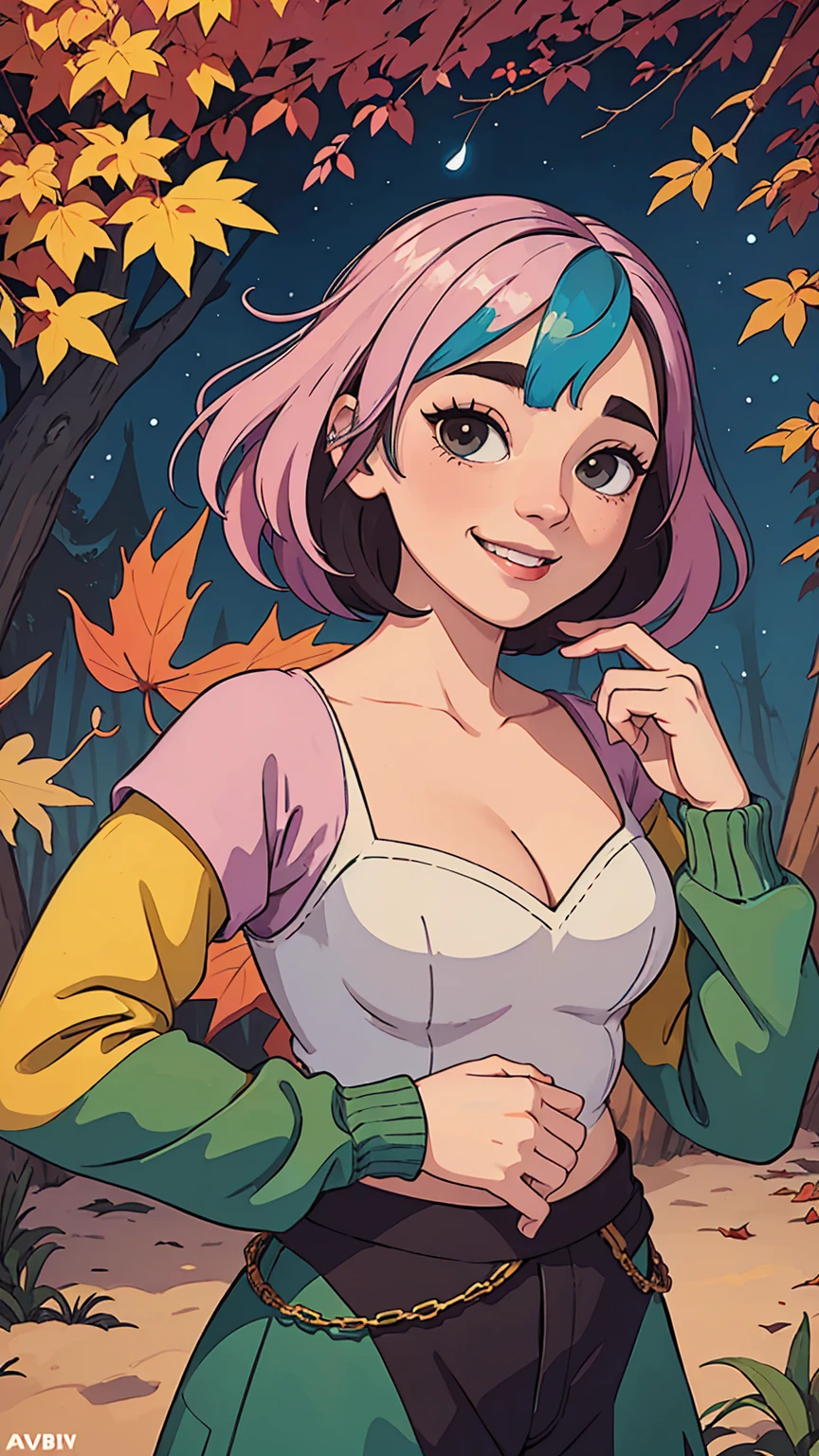 1girl, multicolored pink hair, upperbody, pixel world,nature, forest, autumn, yellow leaf, night sky, western cartoon style, (Masterpiece:1.2, Best Quality, high resolution), beautiful face, detailed face, smiling