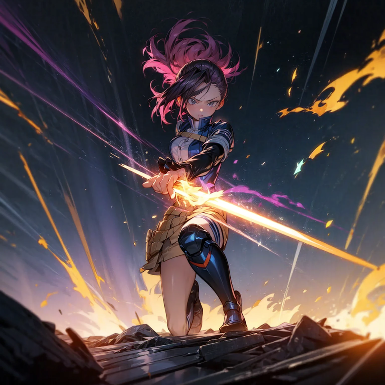 1girl, Full body version, 1character, black eyes, short Curly haircut, magenta color hair, army style clothing, blue colour clothing, full armor, boots army, Grassroots, background in field, motion blur, (kimetsu no yaiba style), Robotic sword in hand, fire, lighting fire, Blue light, silhouette, blue lightning, smoke, aura, smoke effect, aura effect, fire effect, angry eyes, standing gesture, high angle view 