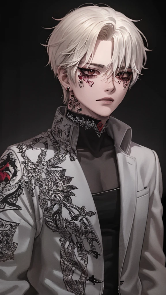 1boy,18 years old,korean,white hair,orange eyes,elongated sharp facial structure,slim attractive body,neutral facial expression,detailed beautiful eyes,korean makeup,eyeliner,mascara,visual kei,gothic,punk,emo,jacket,shirt,pants,diagonal side view,upper body focus,extreme detail,high quality,masterpiece illustration,red eyeshadow,black lines under eyes,choker,chains,crosses,piercings,tattoos under eyes