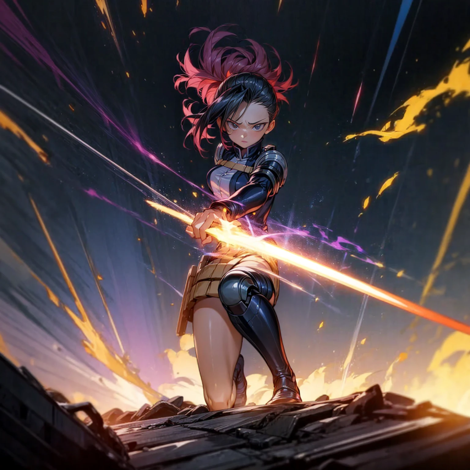 1girl, Full body version, 1character, black eyes, short Curly haircut, magenta color hair, army style clothing, blue colour clothing, full armor, boots army, Grassroots, background in field, motion blur, (kimetsu no yaiba style), Robotic sword in hand, fire, lighting fire, Blue light, silhouette, blue lightning, smoke, aura, smoke effect, aura effect, fire effect, angry eyes, standing gesture, high angle view 